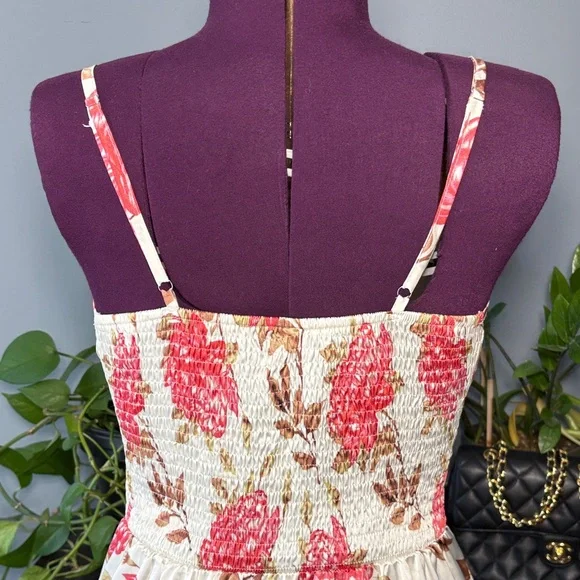 Floral Tie-Front Midi Dress in Cream and Coral - Picture 3 of 7